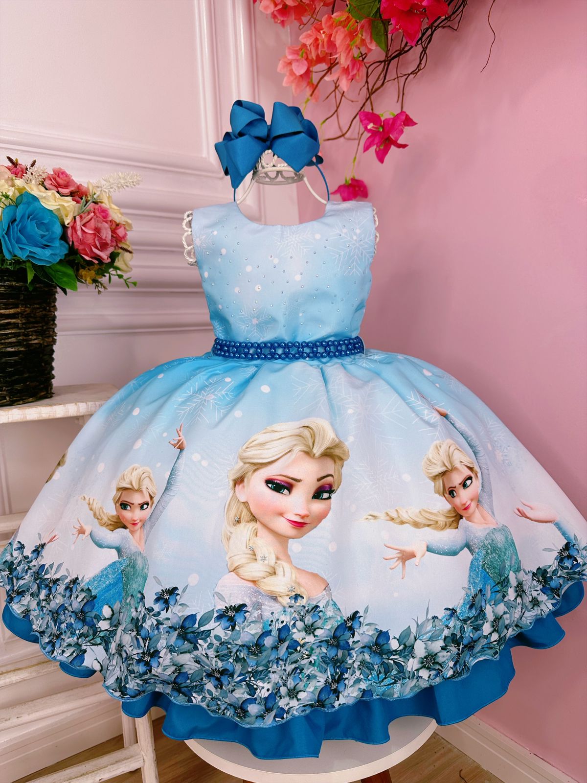 Vestido Infantil Frozen Elsa Azul C/ Strass no Peito