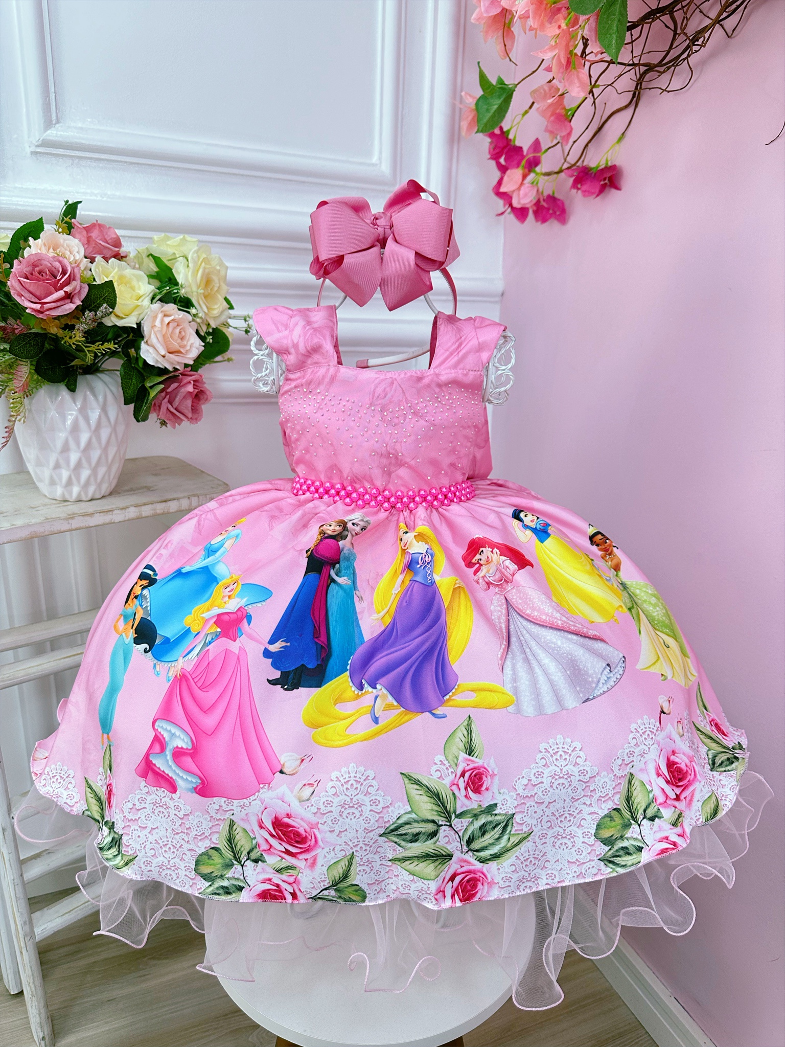 Vestido Infantil das Princesas Busto C/ Strass Luxo Rosa