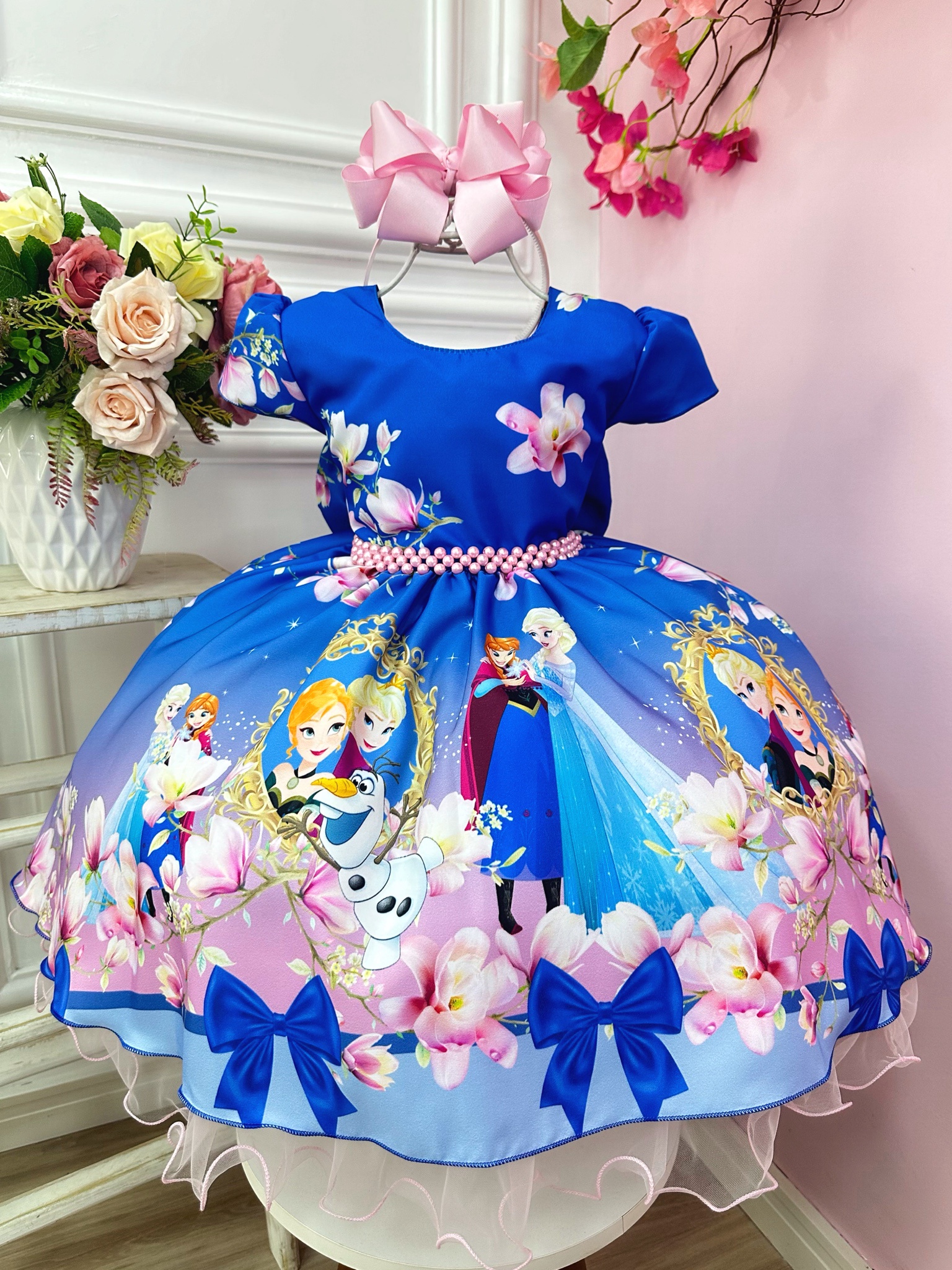 Vestido Infantil Elsa e Frozen Princesas Azul Luxo Festas