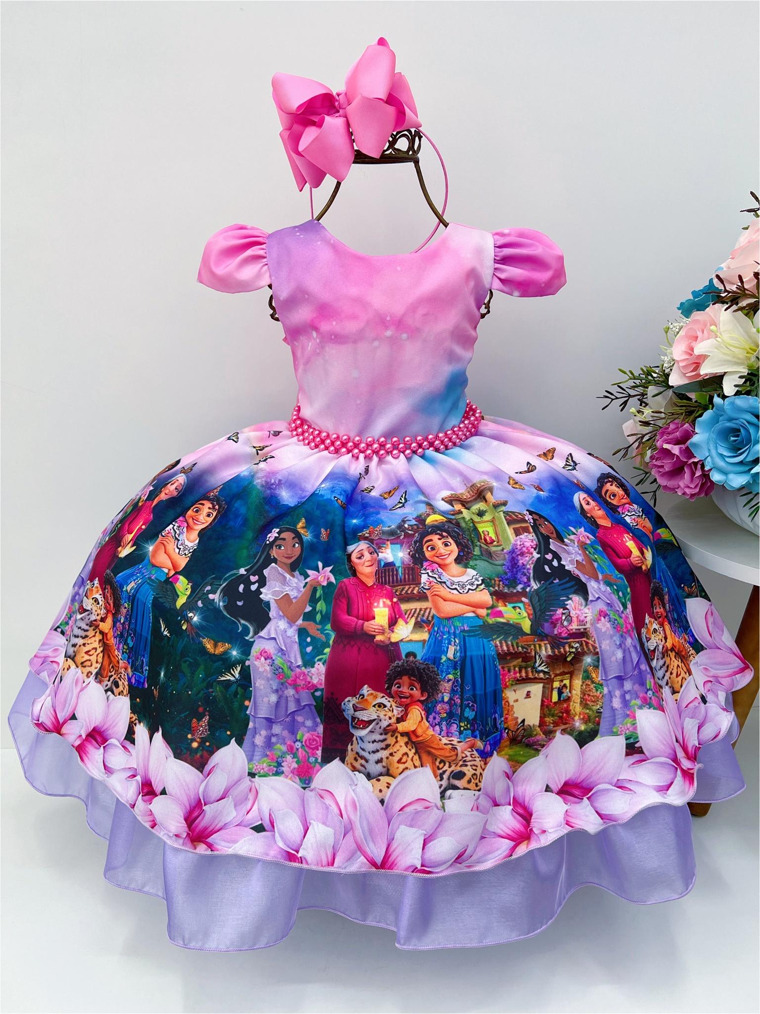Vestido Infantil Encanto Rosa Chiclete Cinto Pérolas Mirabel