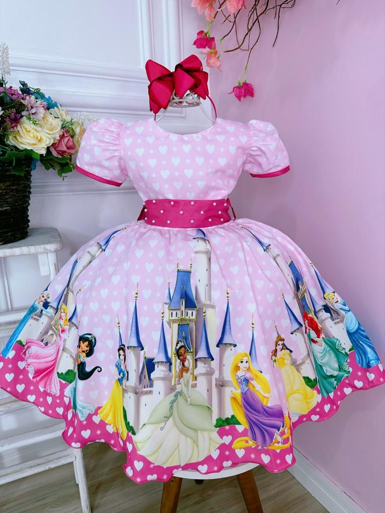 Vestido Infantil Encontro das Princesas Rosa C/ Corações