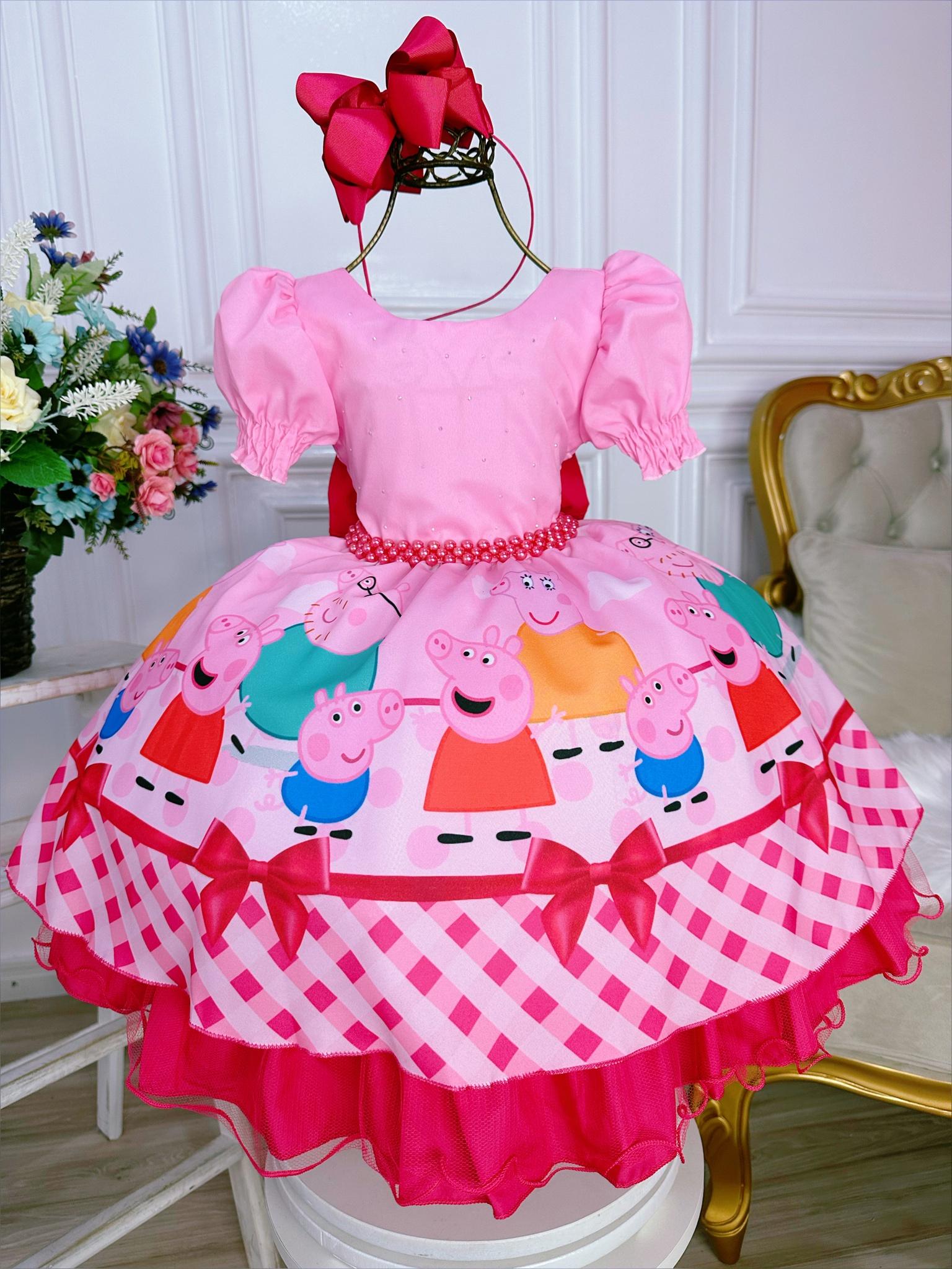 Vestido Infantil Família Peppa Rosa Chiclete Peito Strass