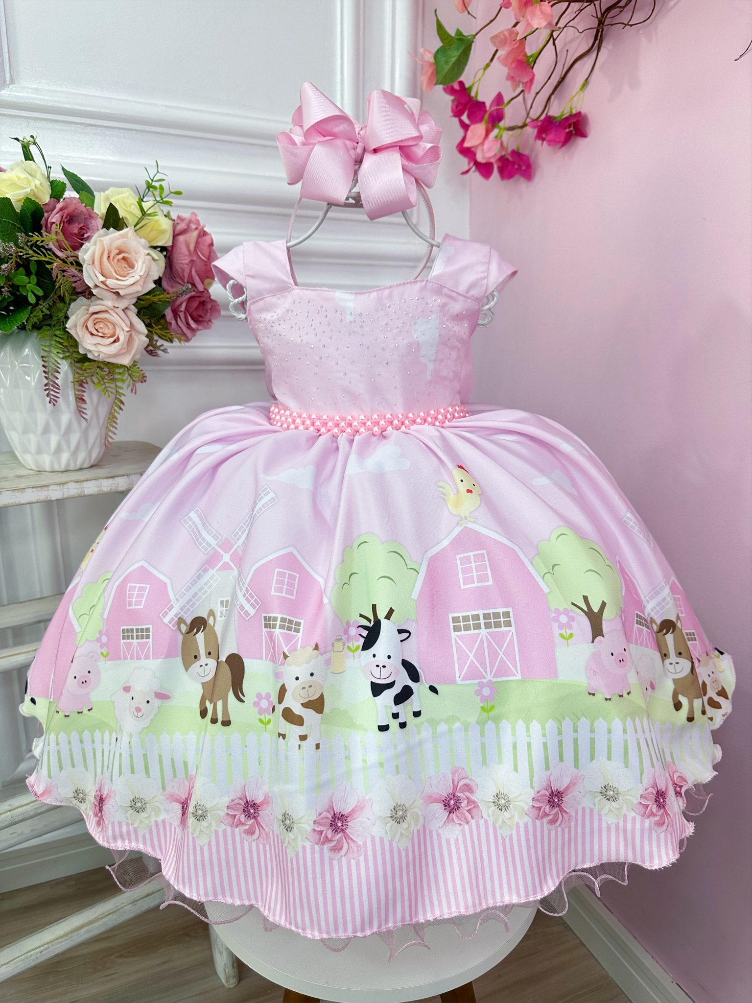 Vestido Infantil Fazendinha Baby Rosa Luxo Festa