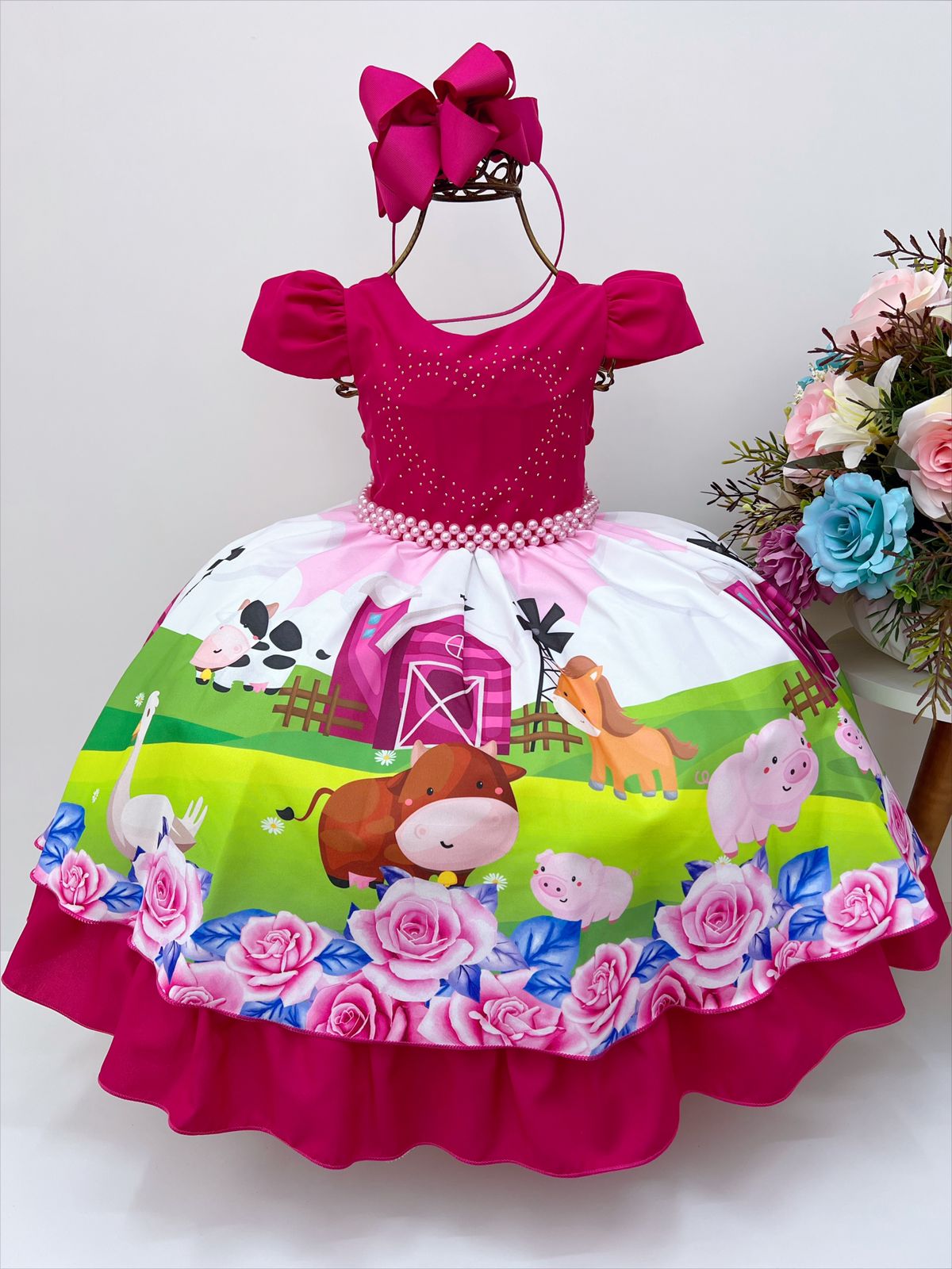 Vestido Infantil Fazendinha Pink Floral C/ Pérolas e Strass