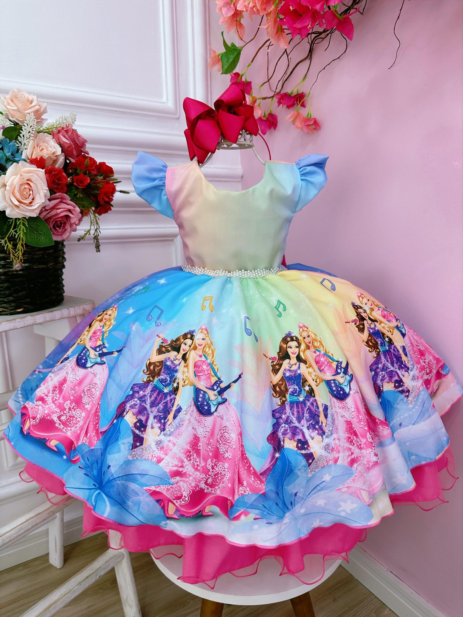 Vestido Infantil Festa da Barbie Princesas Colorido Strass