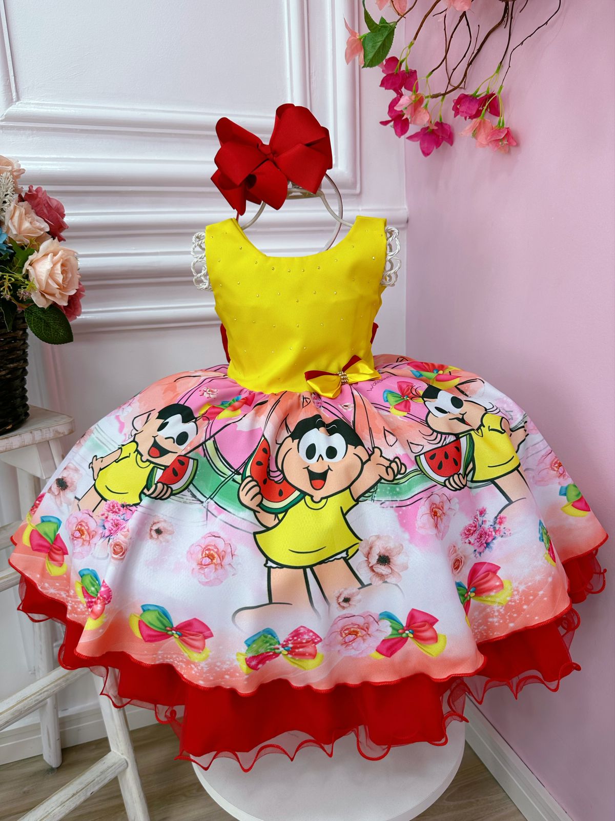 Vestido Infantil Festa Amarelo Com Strass Aplique Laço
