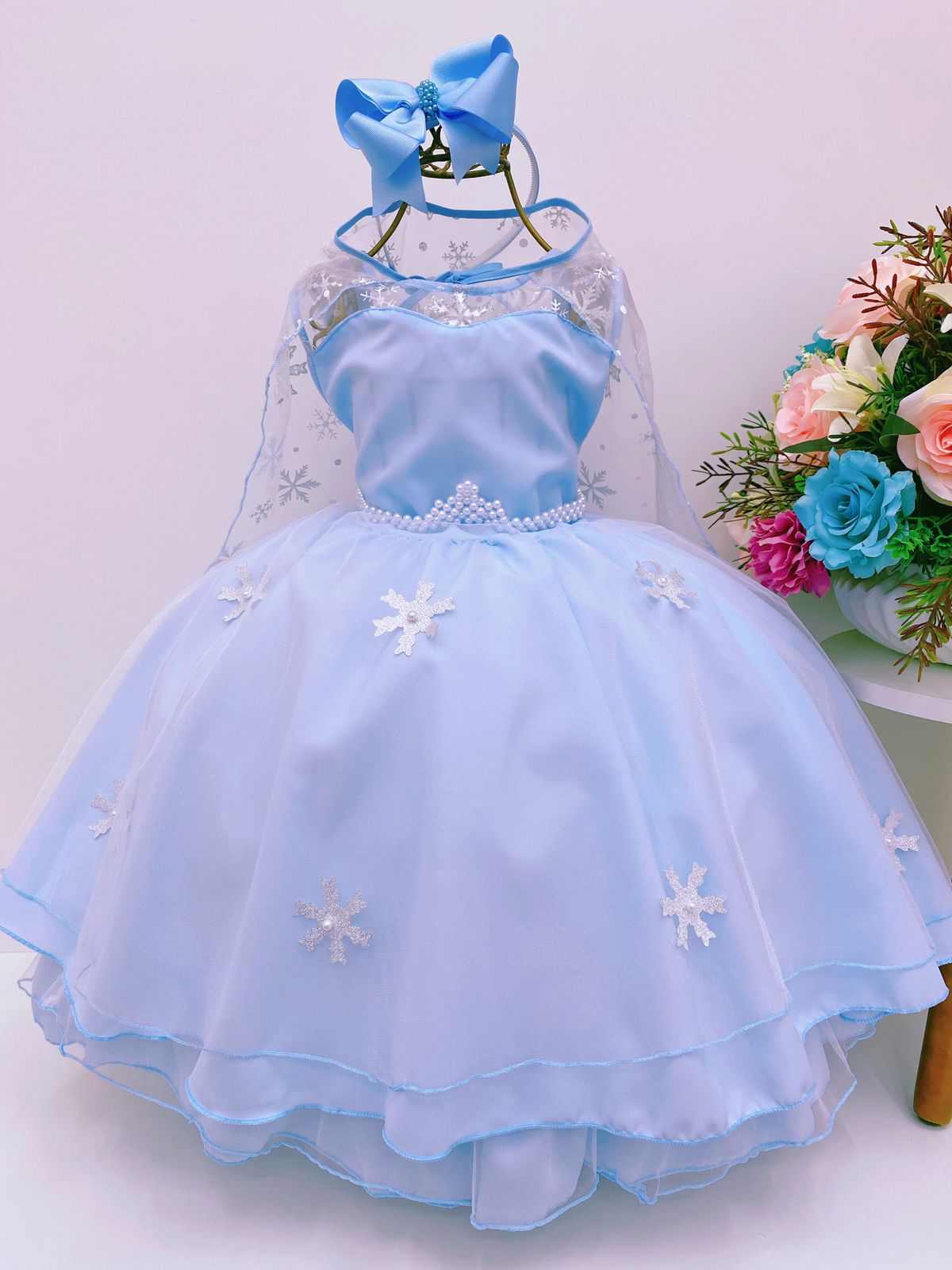 Vestido Infantil Frozen Azul Princesas com Capa Luxo