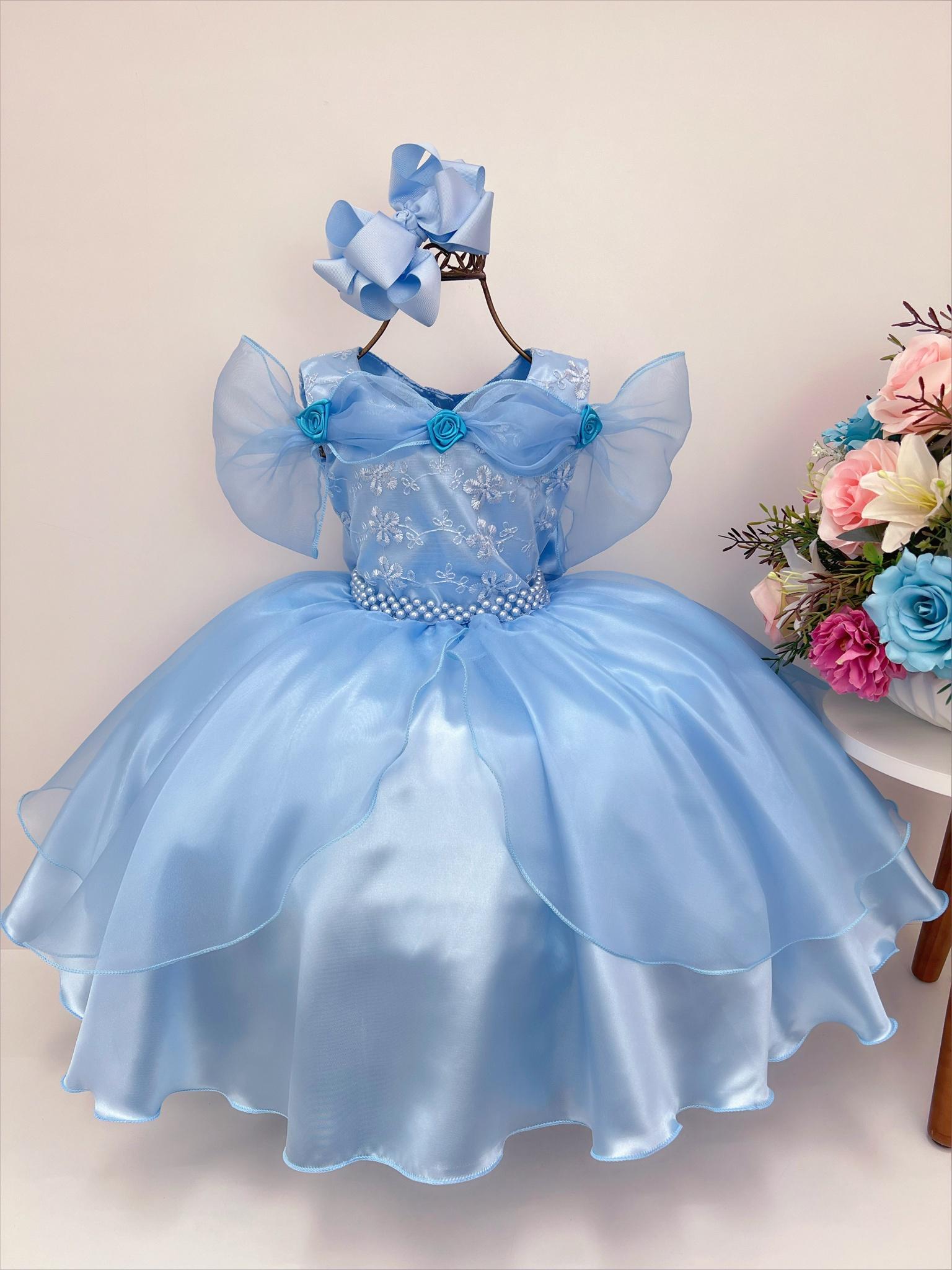 Vestido Infantil Frozen e Cinderela C/ Renda Cinto Pérolas
