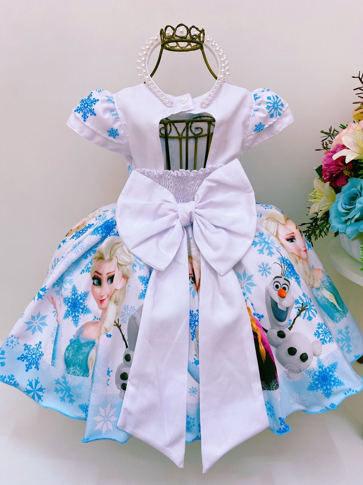 Vestido Infantil Frozen Princesa Gelo Olaf C/ Pérolas Luxo