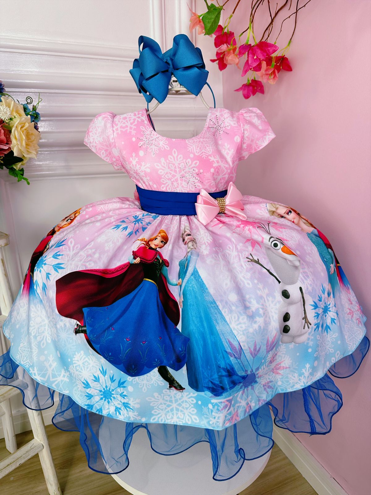 Vestido Infantil Frozen e Olaf Princesas C/ Broche de Laço