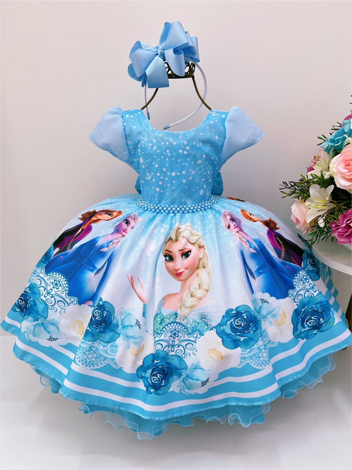 Vestido Infantil Frozen Elsa e Anna Azul Cinto Pérola