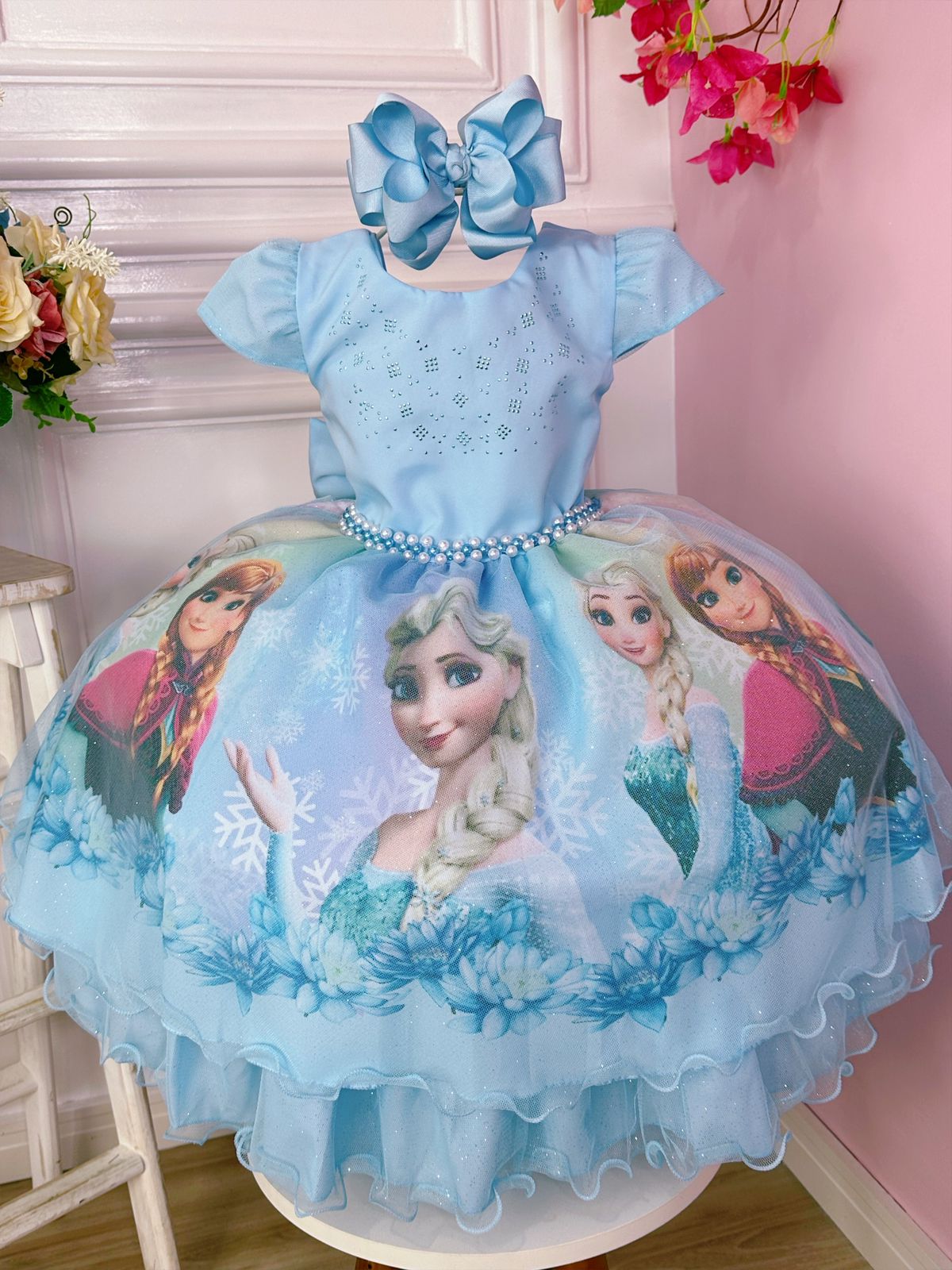 Vestido Infantil Frozen Elsa e Anna Azul Princesas Pérolas