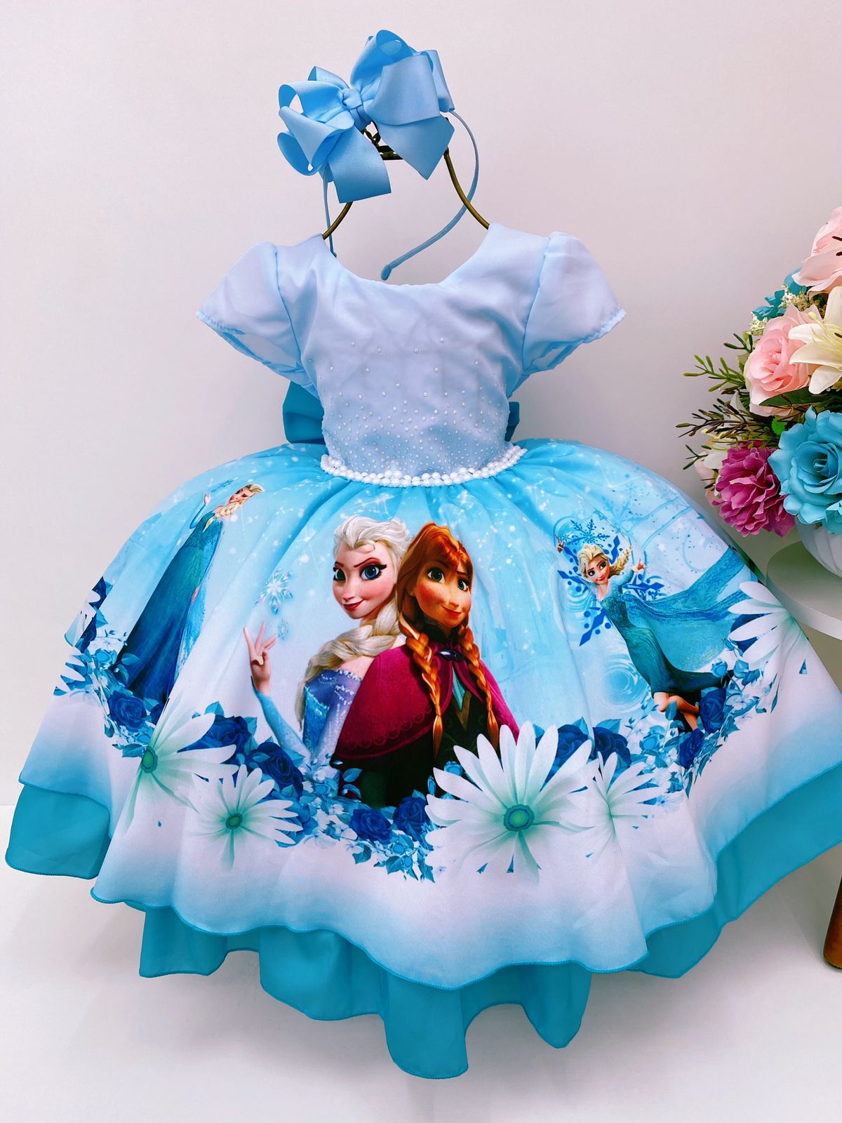 Vestido Infantil Frozen Elsa Gelo Azul Cinto Pérolas Luxo