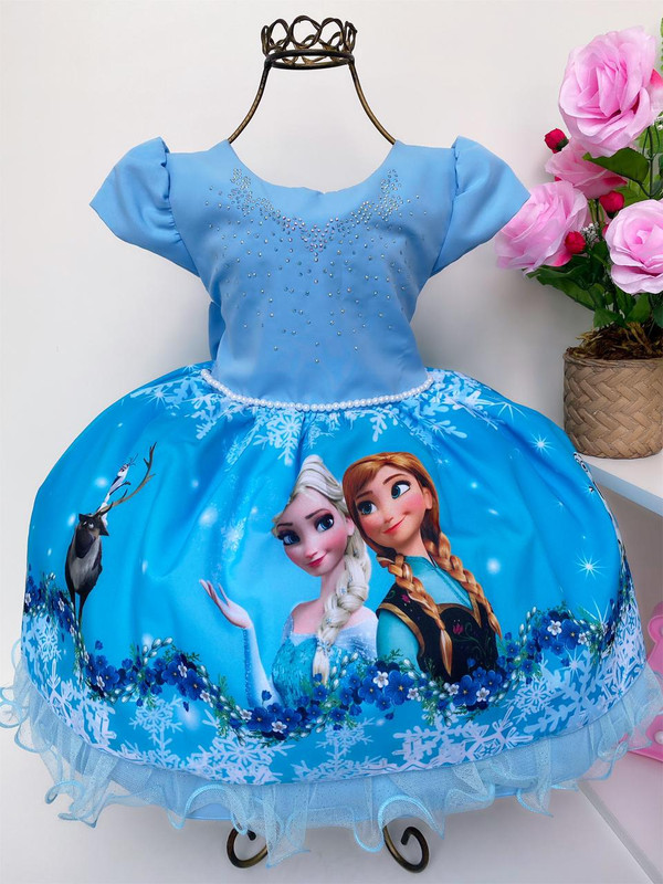 Vestido Infantil Frozen Olaf Strass e Pérolas