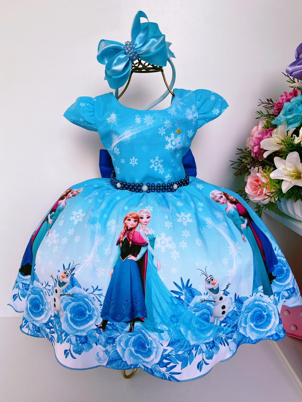 Vestido Infantil Frozen Princesa Gelo Olaf Luxo Pérolas