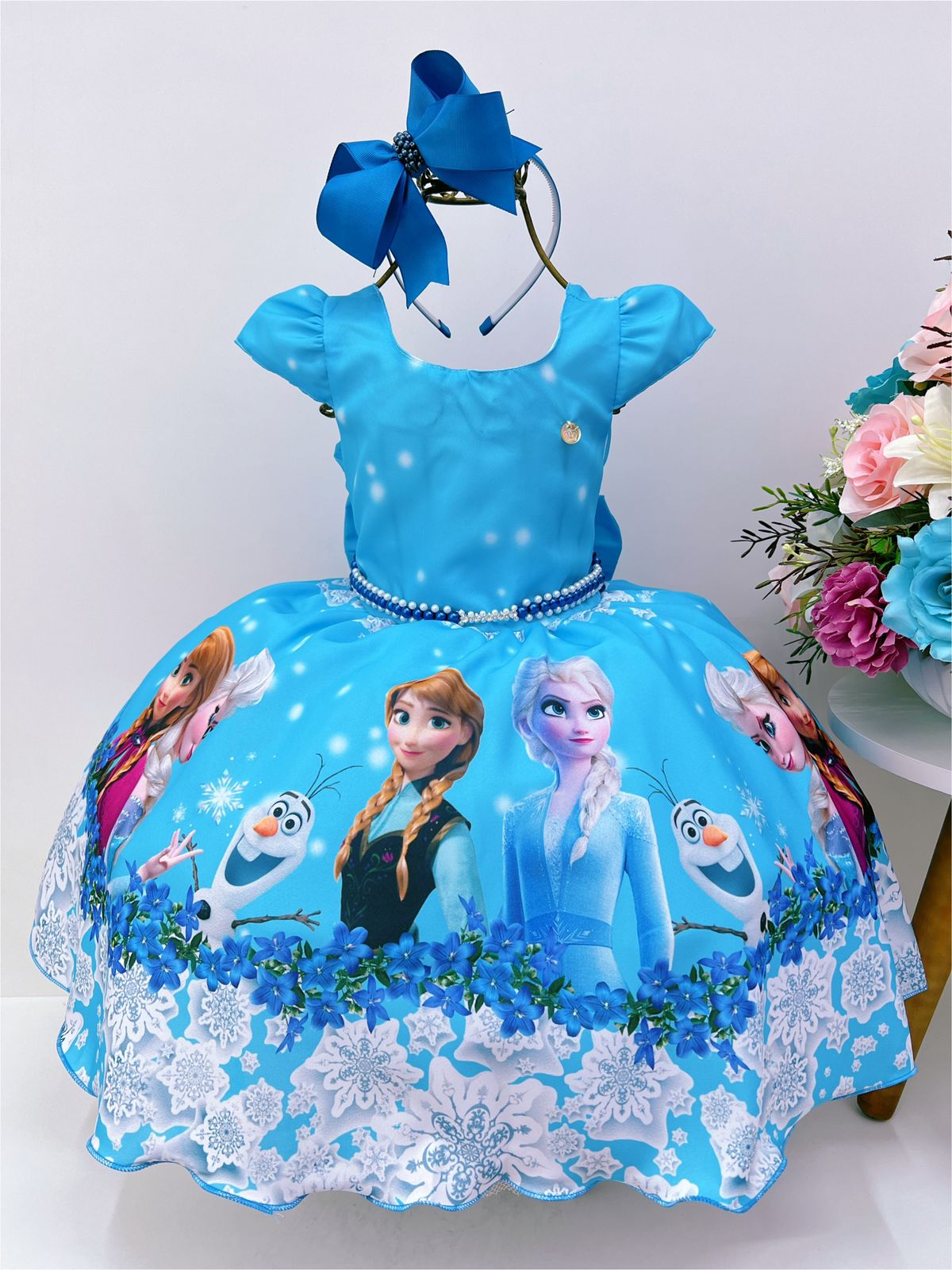 Vestido Infantil Frozen Princesa Gelo Olaf Pérolas Luxo