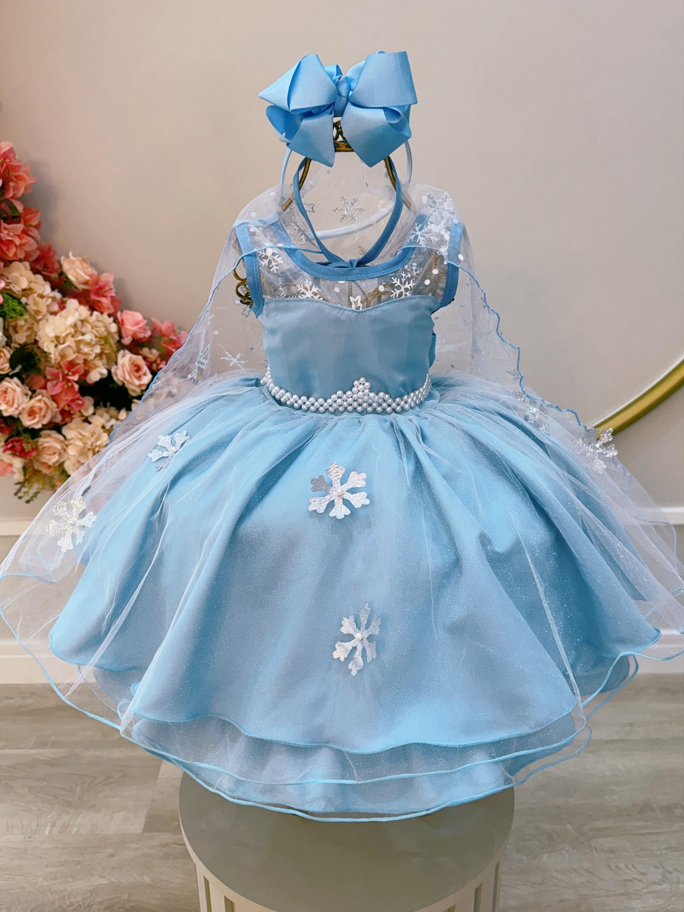 Vestido Infantil Azul Princesas Capa de Luxo Aniversário