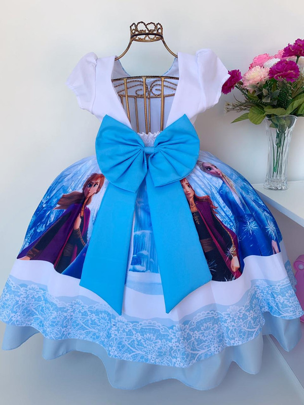 Vestido Infantil Frozen Azul C/ Cinto Pérolas Luxo Princesas