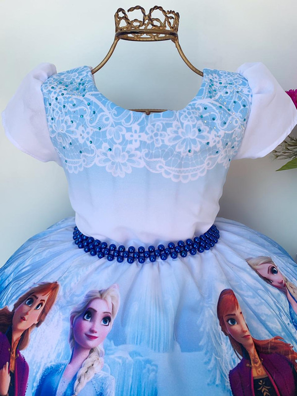 Vestido Infantil Frozen Azul C/ Cinto Pérolas Luxo Princesas