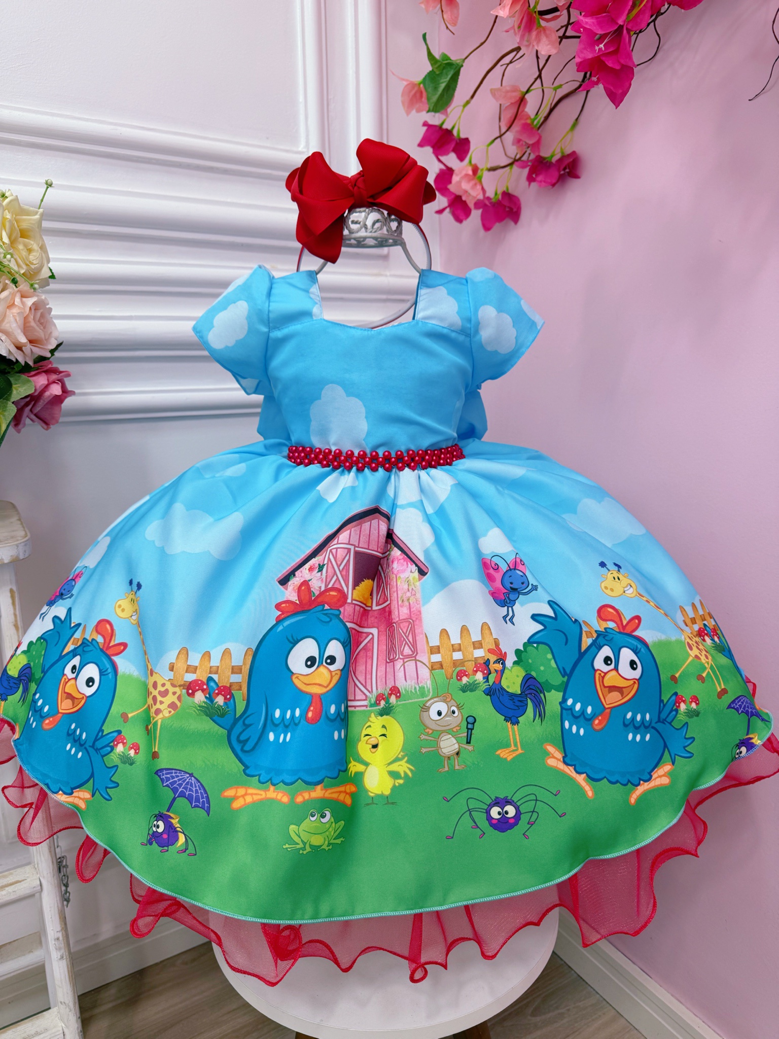 Vestido Infantil Galinha Fazendinha Vermelha Azul Festas