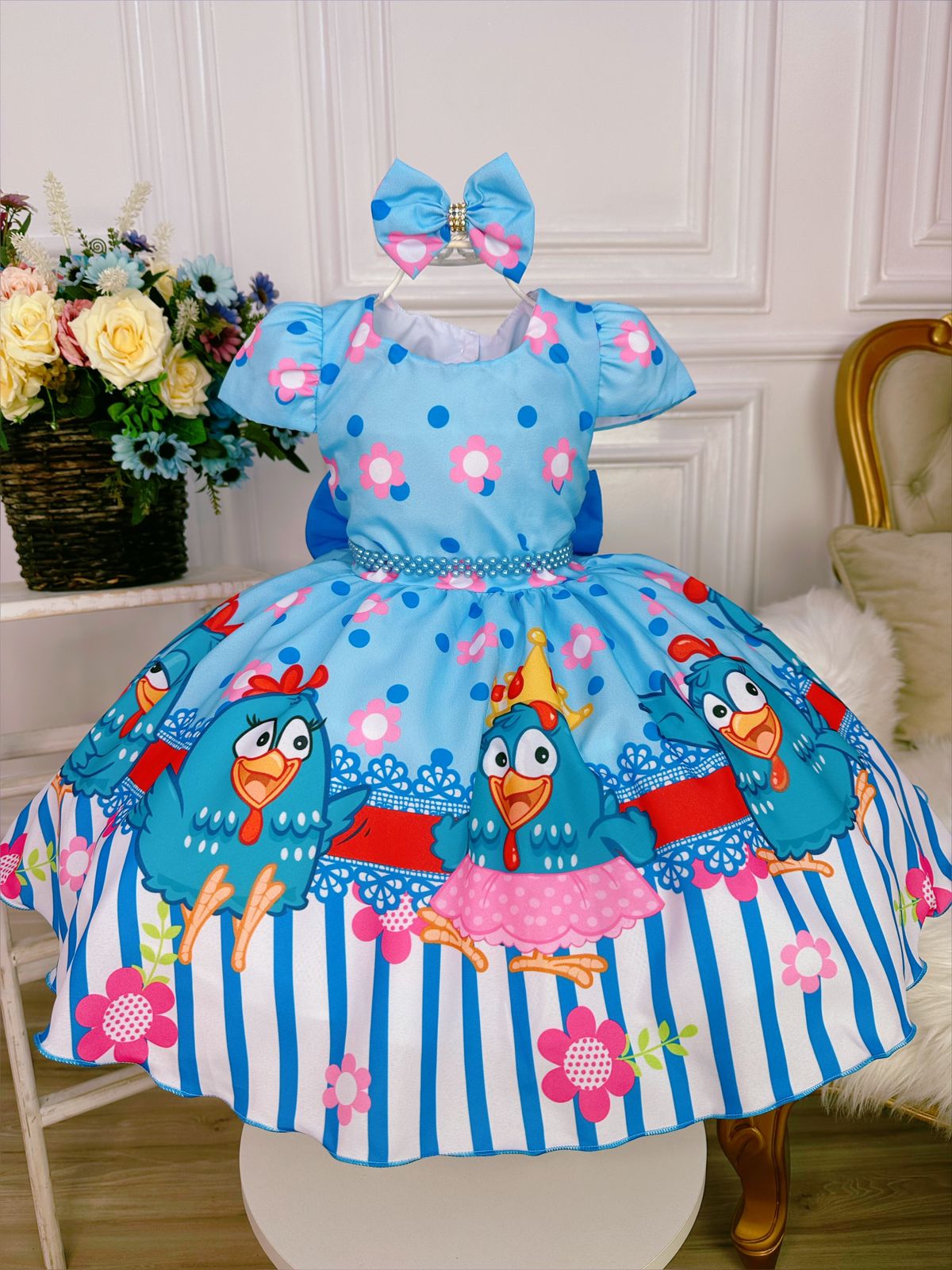 Vestido Infantil Galinha Floral Azul C/ Laço Bolinhas