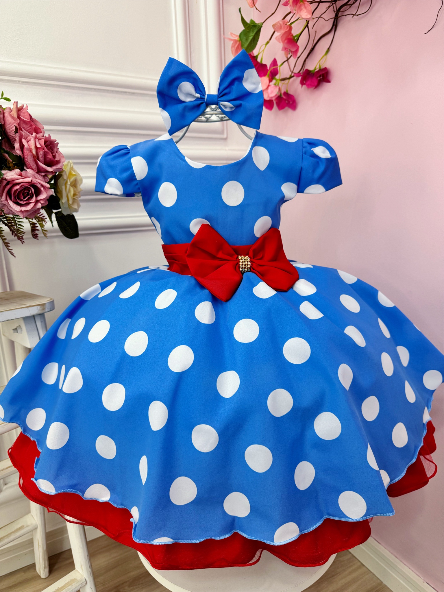 Vestido Infantil Galinha Pintadinha Azul Bolinhas Tule Laço