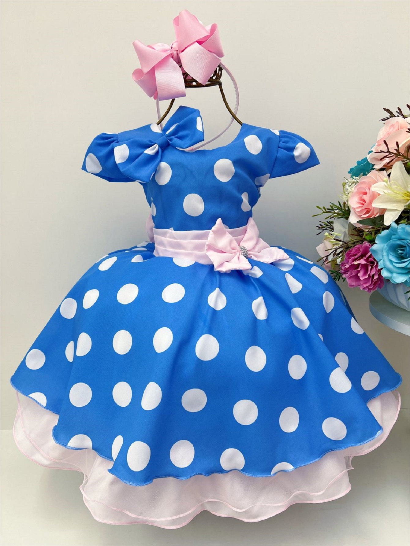 Vestido Infantil Azul Bolinhas Tule Rosa Laço