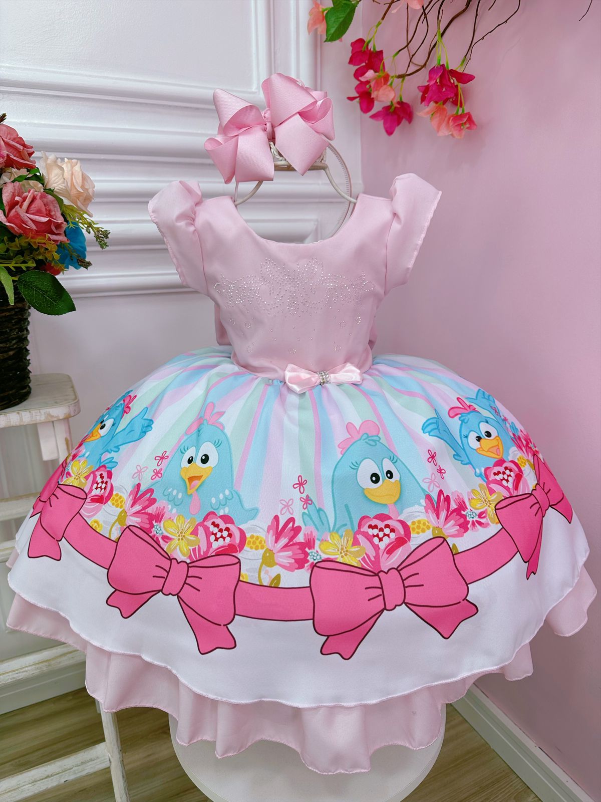 Vestido Infantil Rosa e Azul Peito Com Strasss