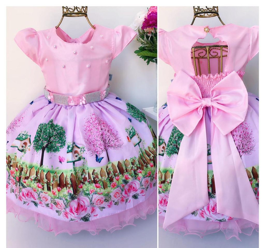 Vestido Infantil Jardim das Borboletas Rosa Flores Luxo