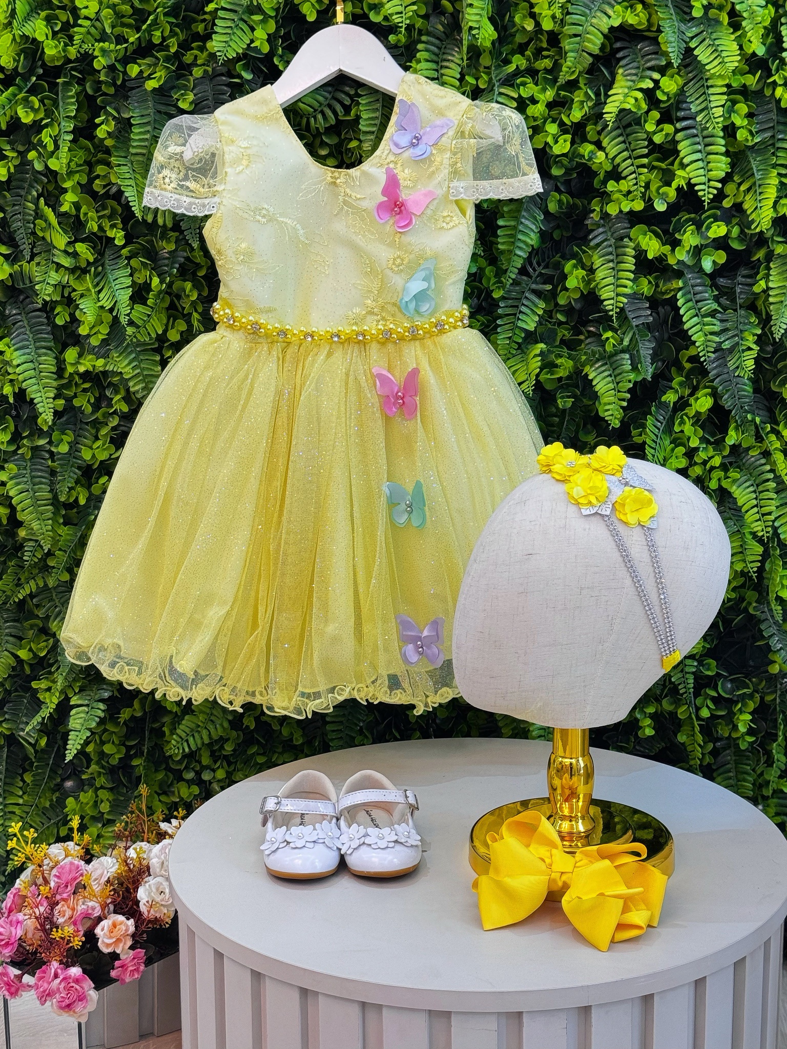 Vestido Infantil Jardim Encantado Amarelo Aplique Borboletas