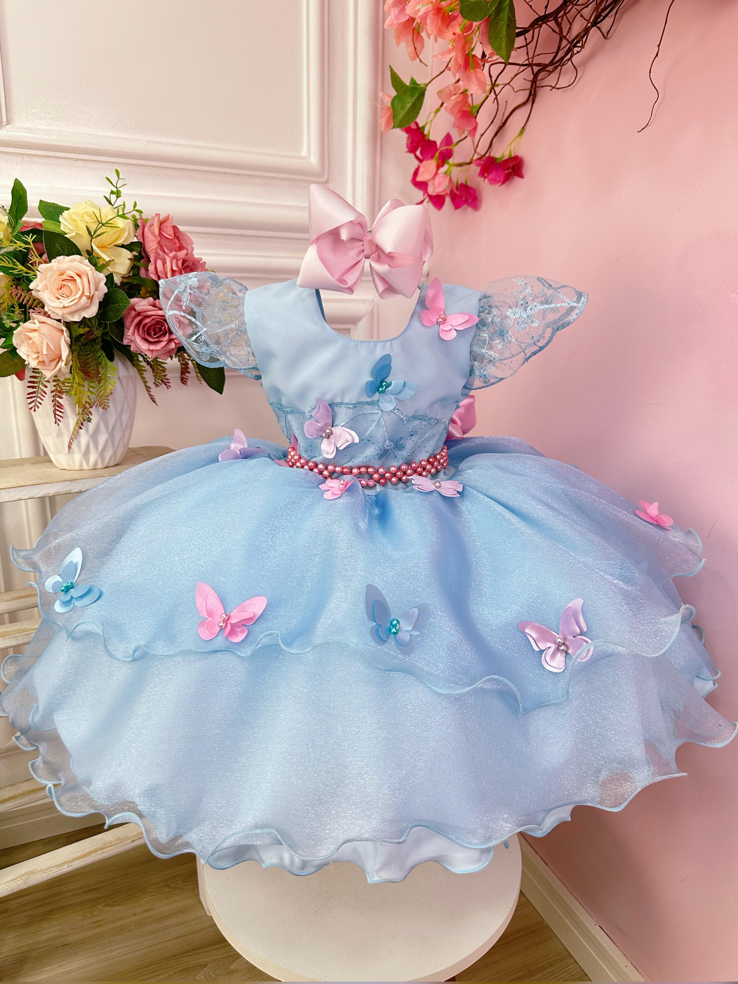 Vestido Infantil Jardim Encantado Azul C/ Aplique Borboletas