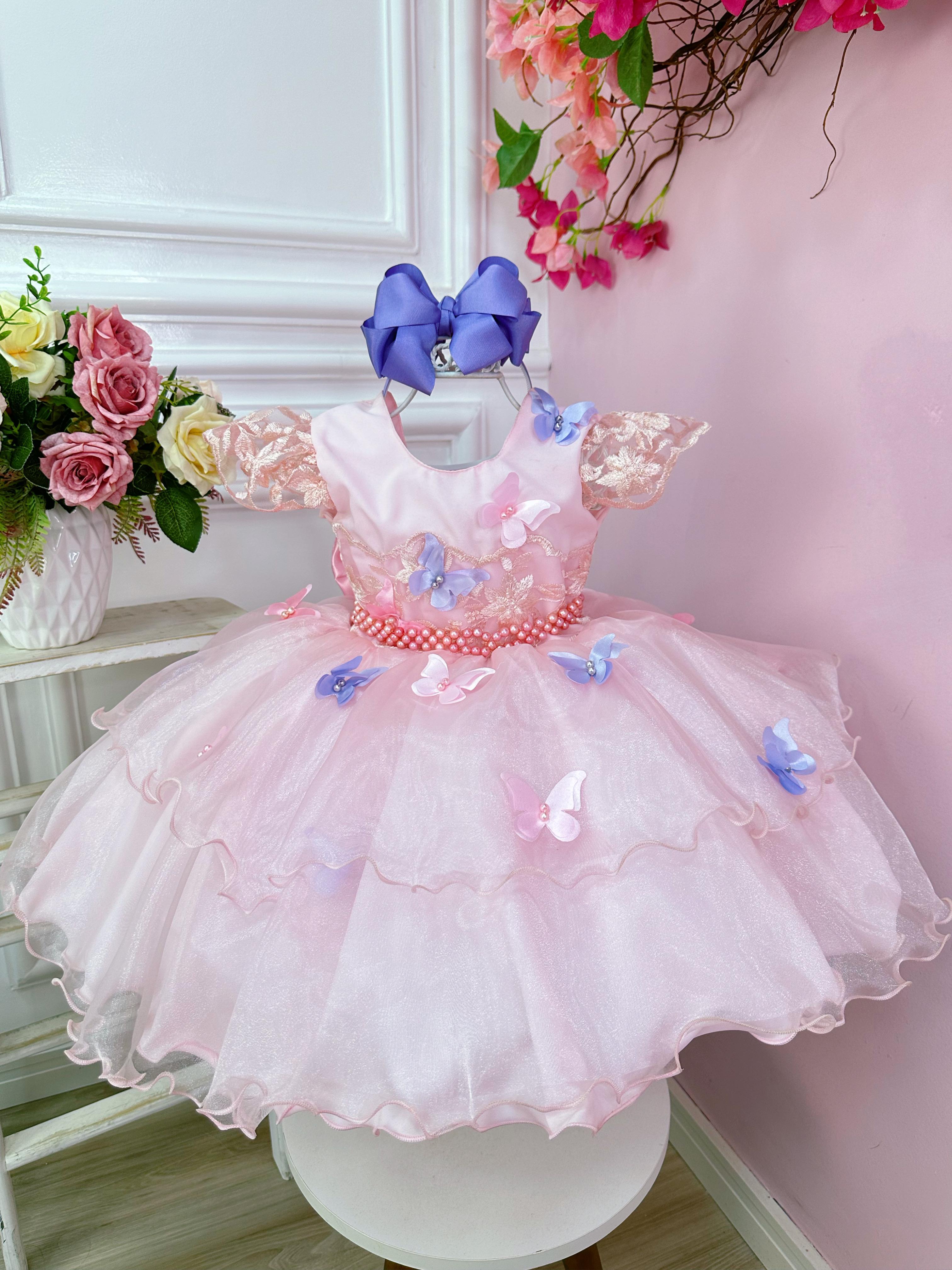 Vestido Infantil Jardim Encantado Rosa C/ Aplique Borboletas