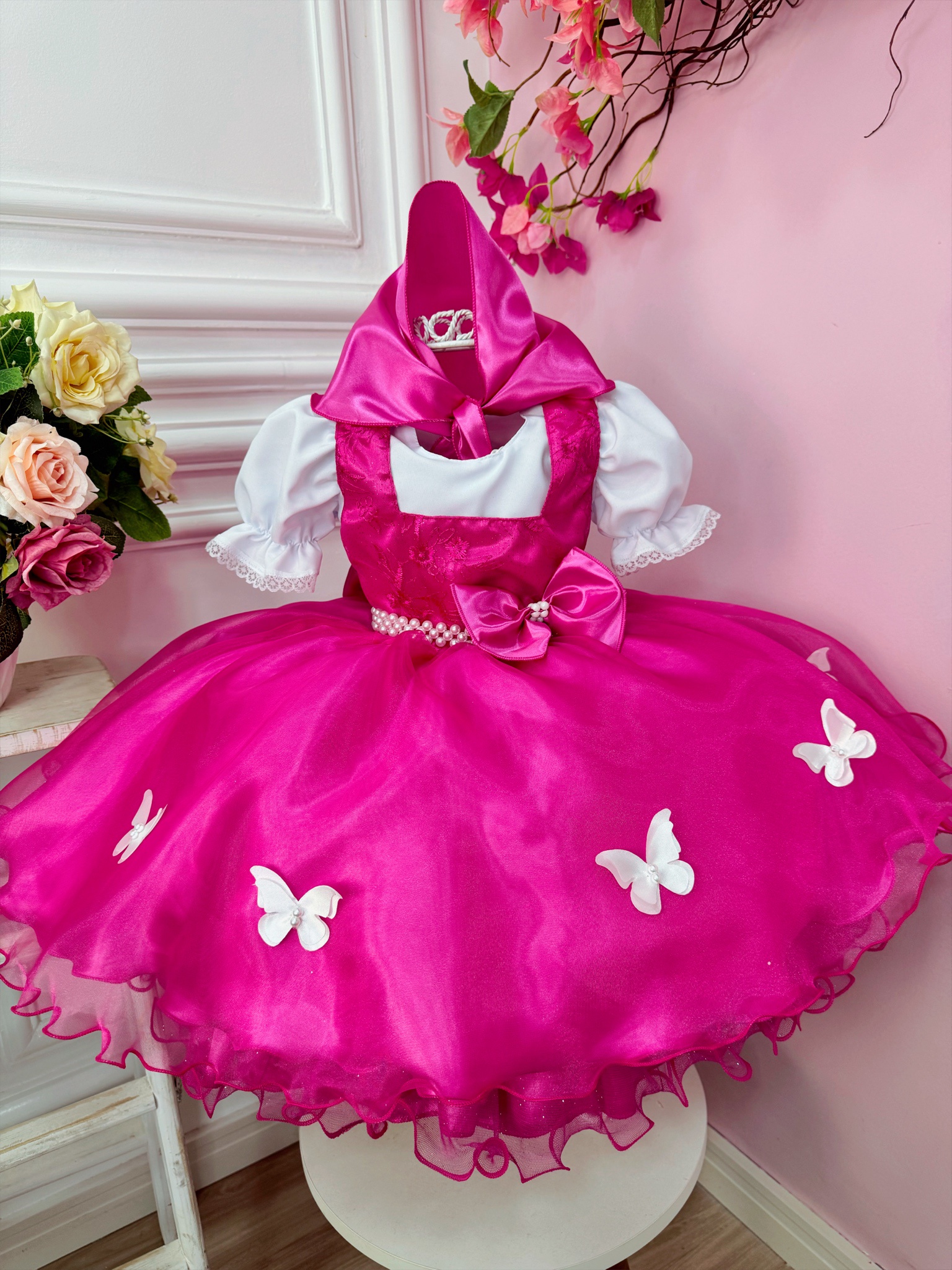 Vestido Infantil Jardineira Borboletas Pink Com Lenço Festas