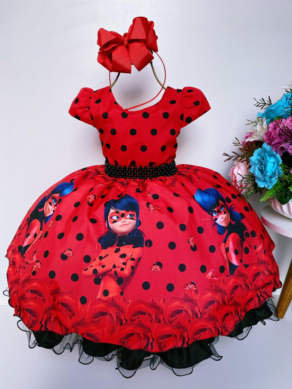 Vestido Infantil Ladybug Vermelho C/ Preto Cinto de Pérolas