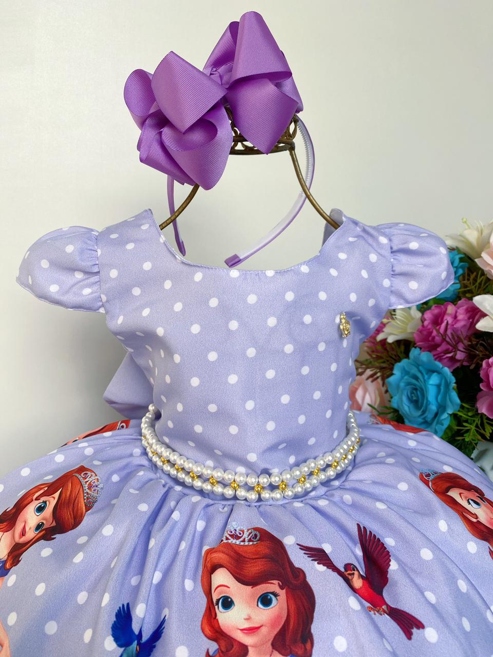Vestido Infantil Princesa Sofia Lilás C/ Cinto de Pérolas - Rosa Charmosa  Atacado