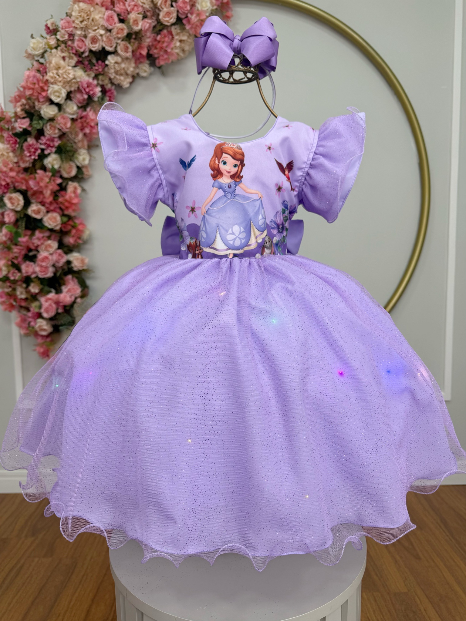 Vestido Infantil Lilás da Princesa Sofia Saia C/ Glitter e Led Festas