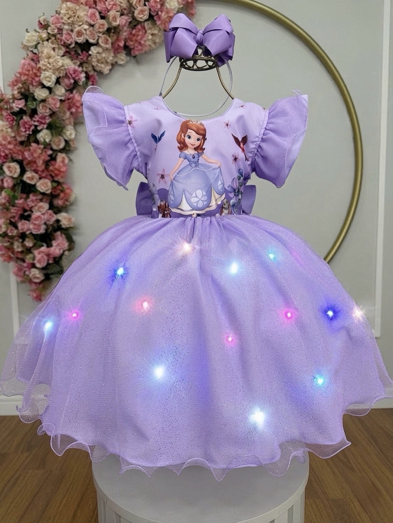 Vestido Infantil Lilás da Princesa Sofia Saia C/ Glitter e Led Festas