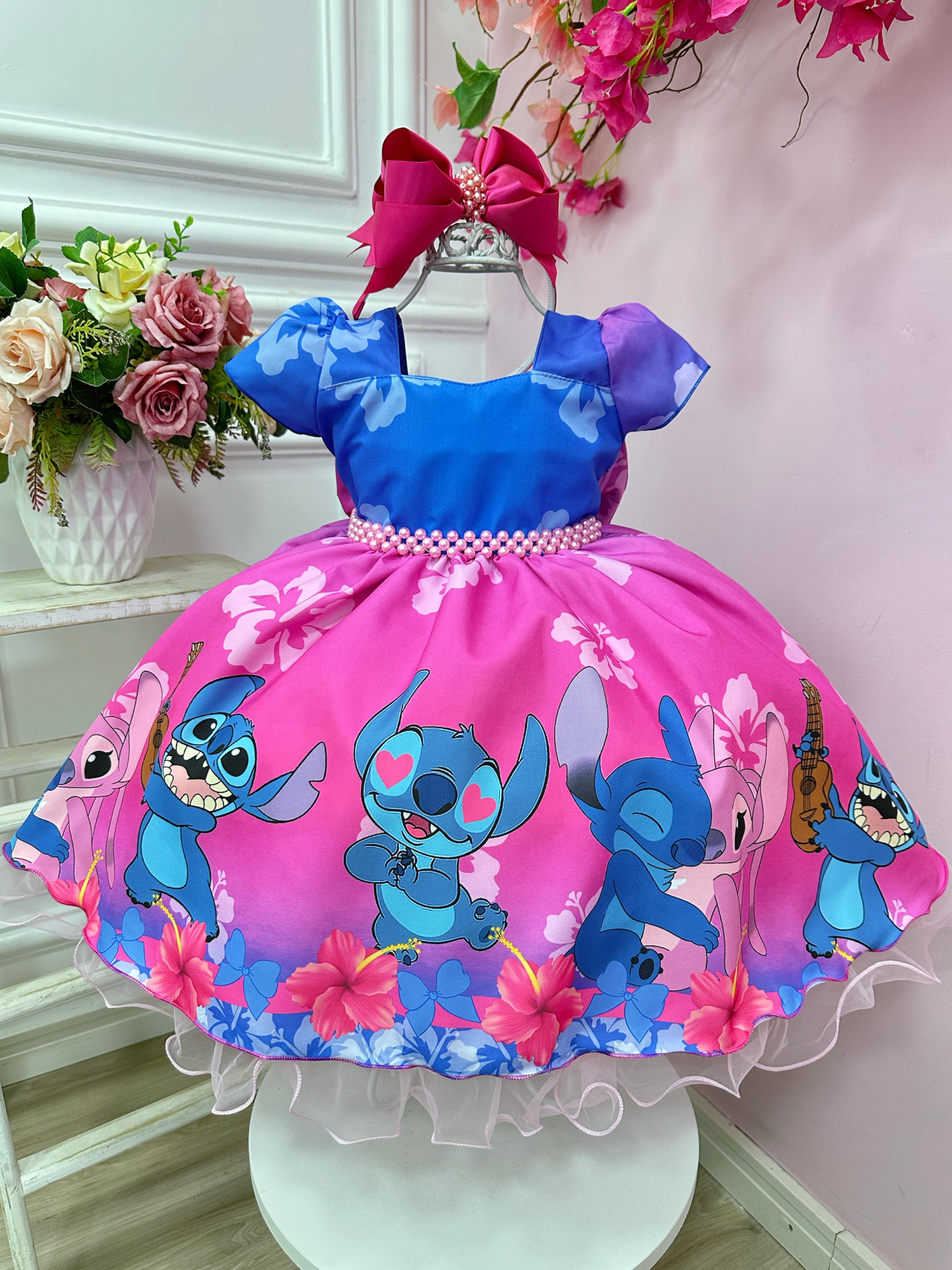 Vestido Infantil Lilo e Stitch Azul C/ Pérolas Luxo Festas