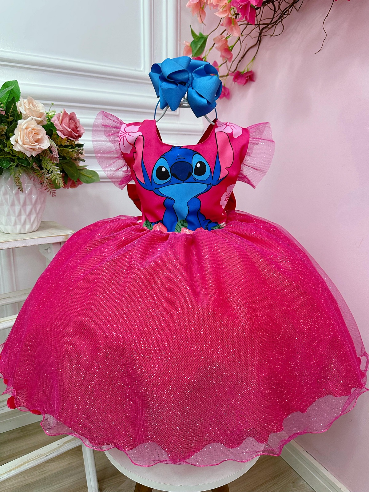 Vestido Infantil Lilo e Stitch Pink Com Glitter Festas