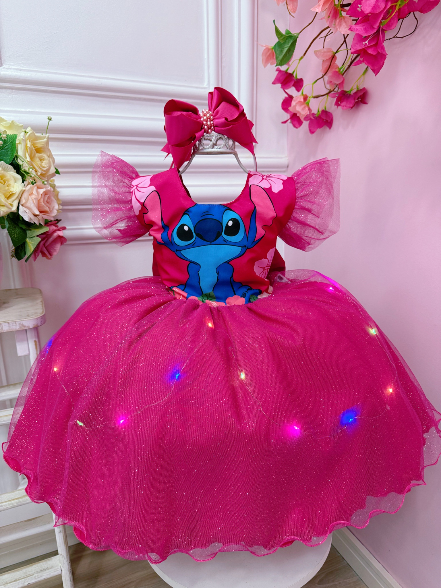 Vestido Infantil Lilo e Stitch Pink Saia C/ Leds Glitter