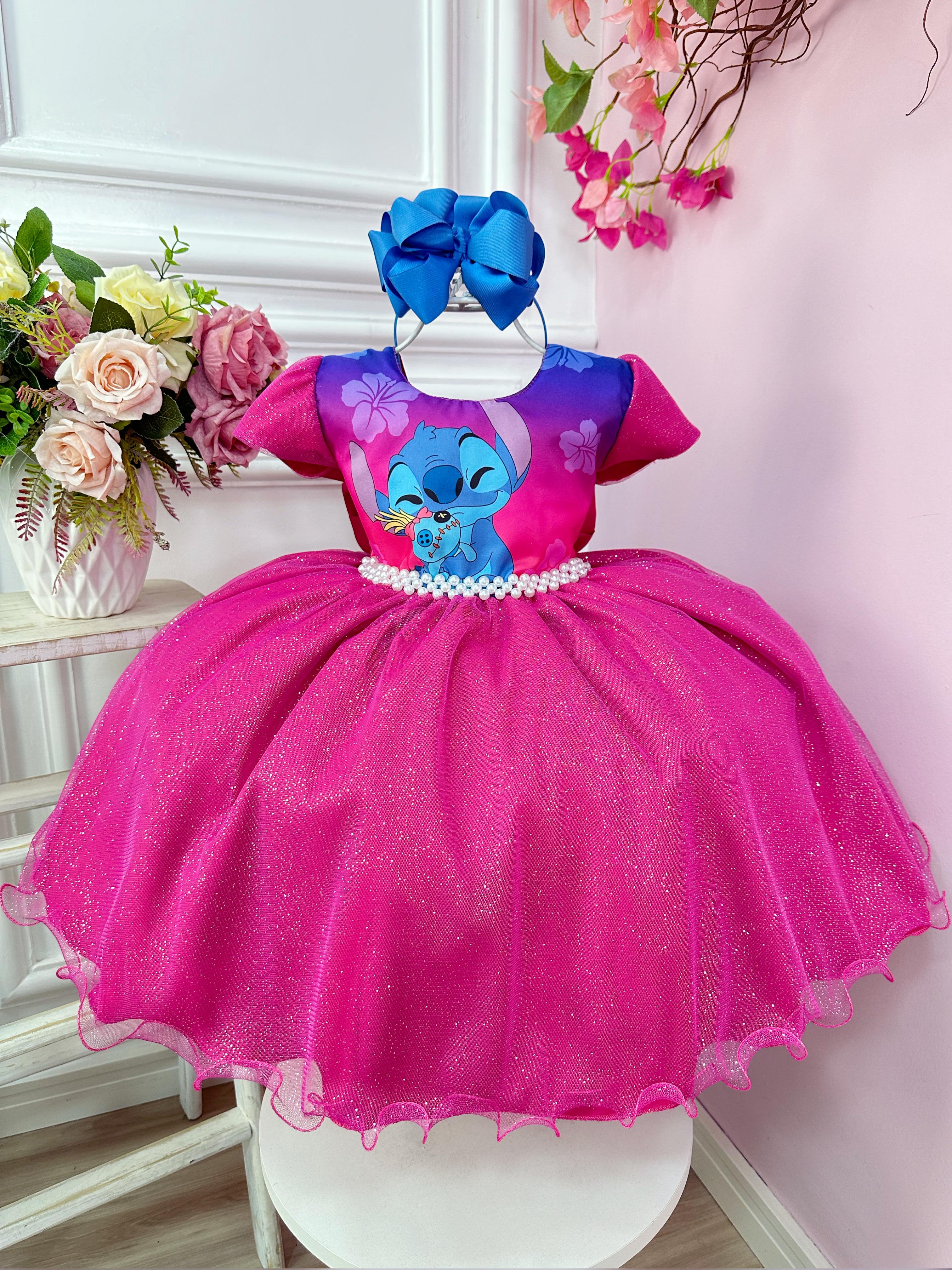 Vestido Infantil Lilo Stitch Pink e Azul Com Glitter Festas