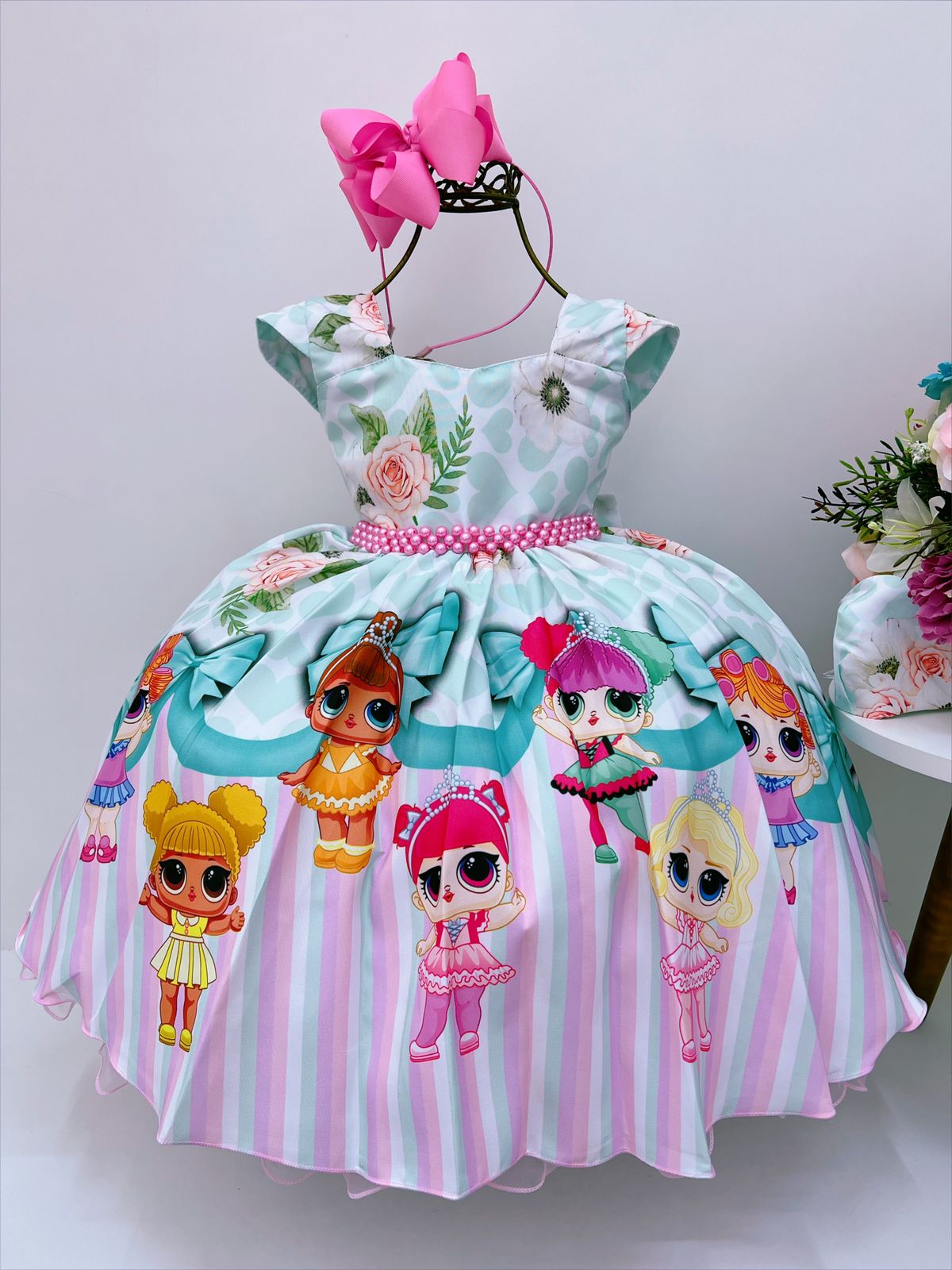 Vestido Infantil Lol Branco Verde Cinto Pérolas