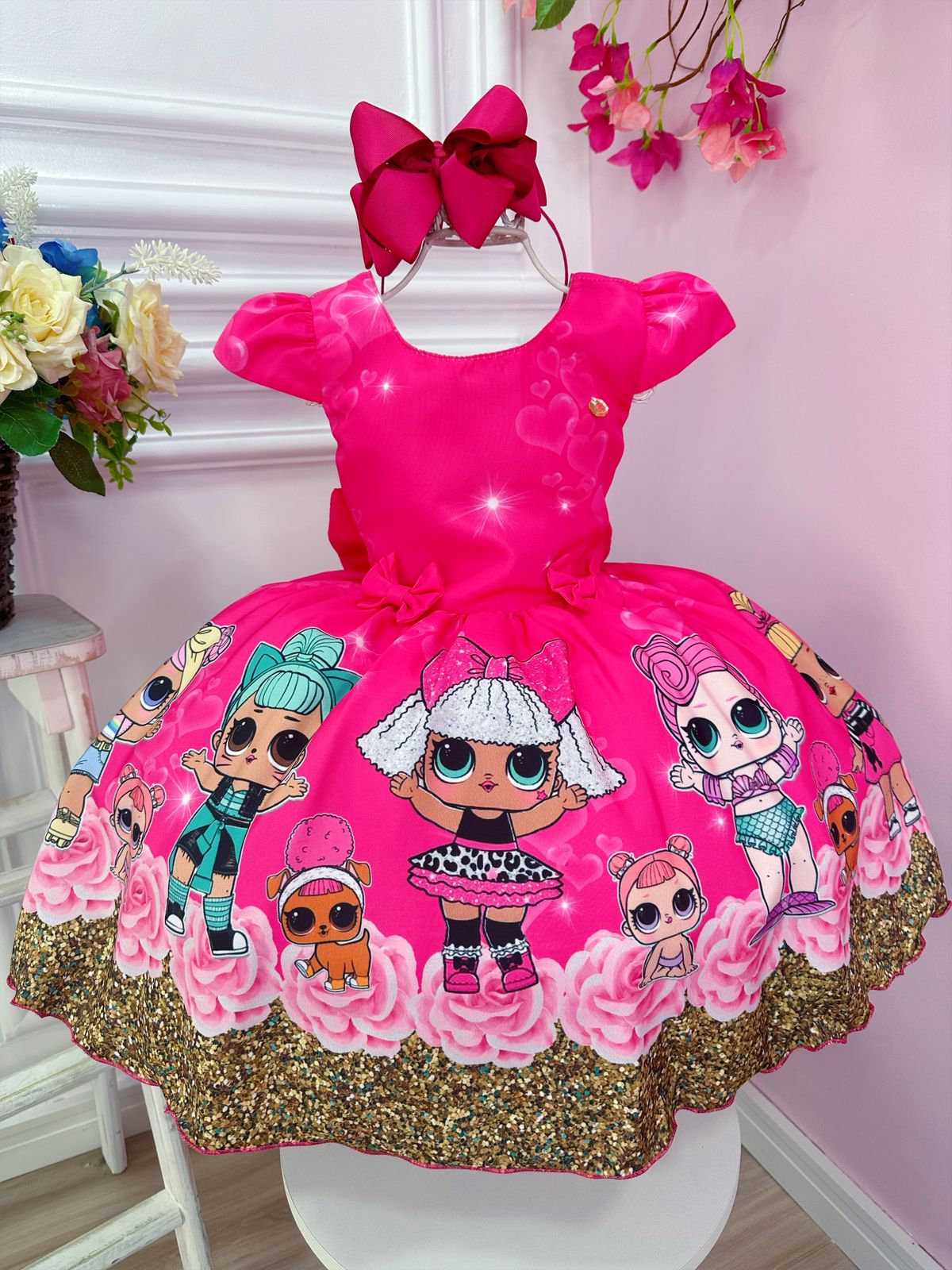 Vestido Infantil Lol Pink Florido C/ Broches de Laçinhos