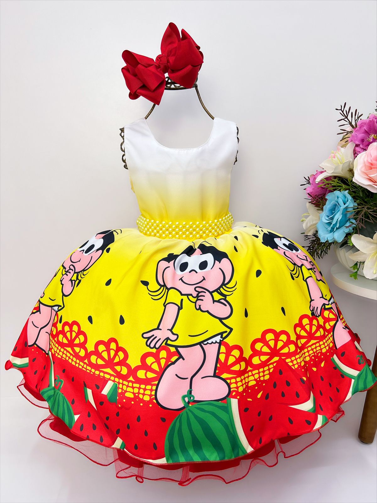 Vestido Infantil Amarelo e Vermelho C/ Vermelho Cinto Pérolas