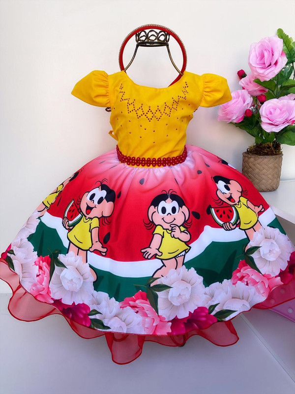 Vestido Infantil Magali Amarelo e Vermelho Melancia Festas