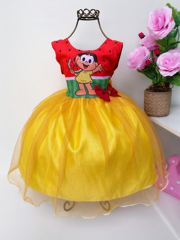 Vestido Infantil Magali Amarelo e Vermelho Melancias