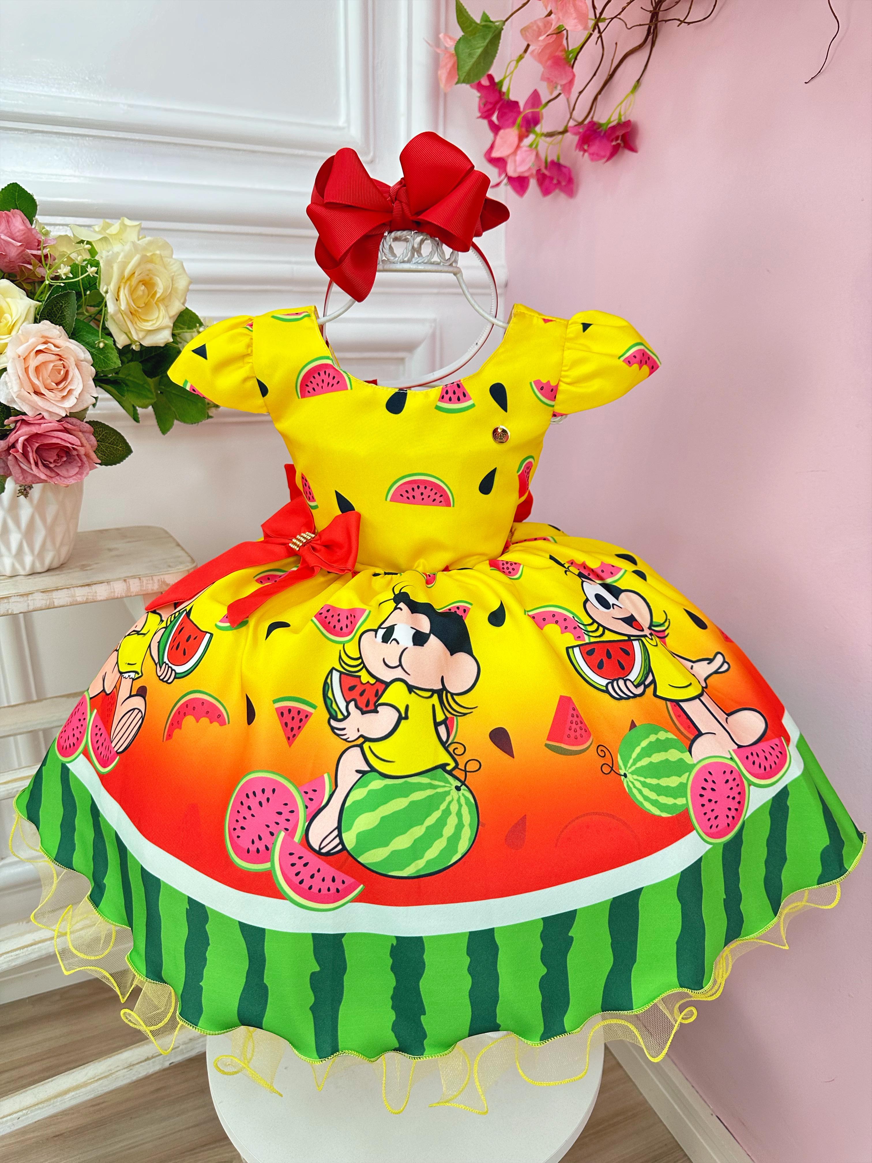 Vestido Infantil Amarelo e Vermelho C/ Aplique de Laço Festas
