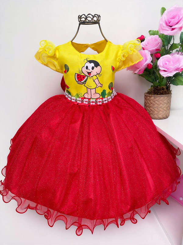 Vestido Infantil Magali Melancias Vermelho Brilho e Amarelo