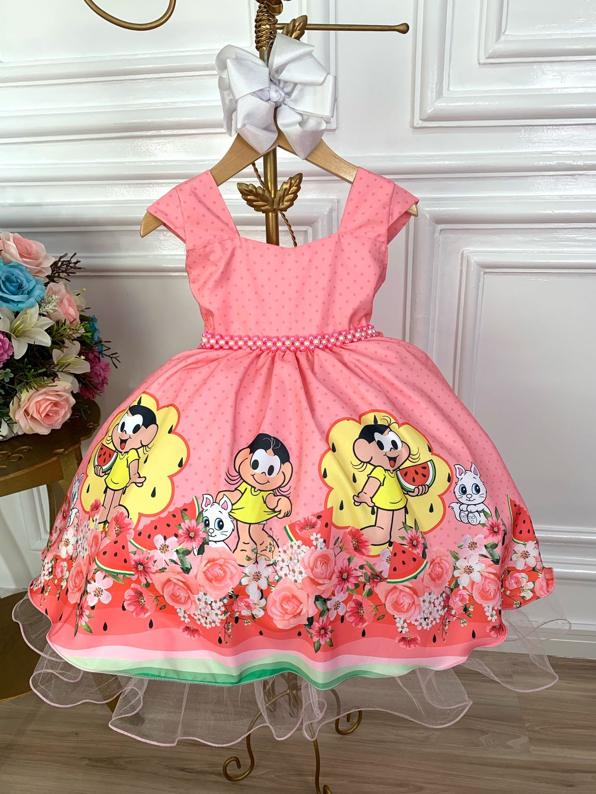 Vestido Infantil Magali Rosa Chiclete Flores Festa Luxo
