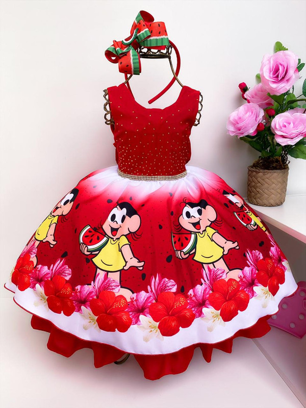 Vestido Infantil Magali Vermelho Flores Strass Luxo